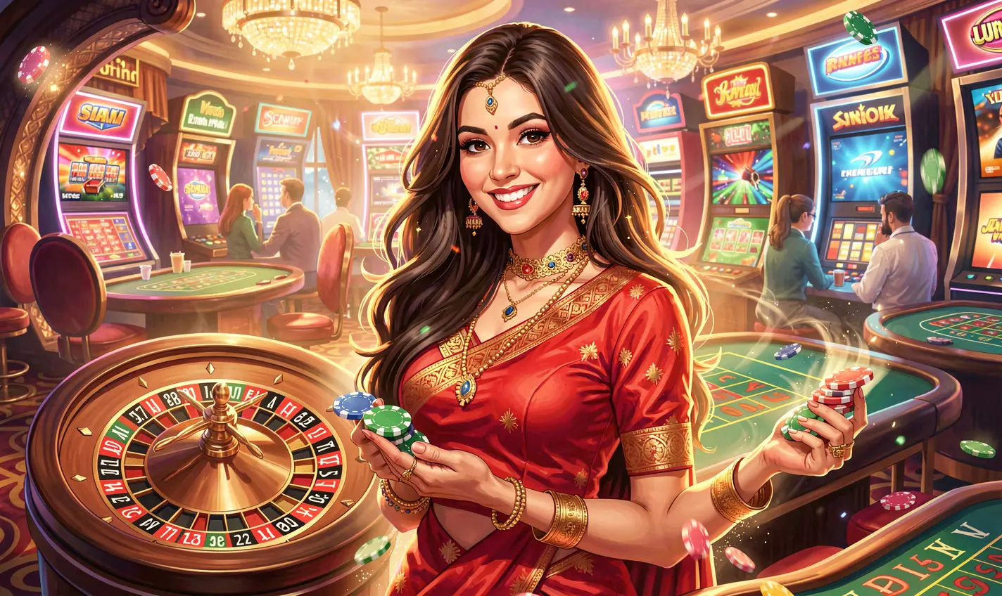 Stylish casino illustration with a confident woman holding poker chips in front of a roulette wheel representing luxury gaming and rewards at 74OK in Bangladesh