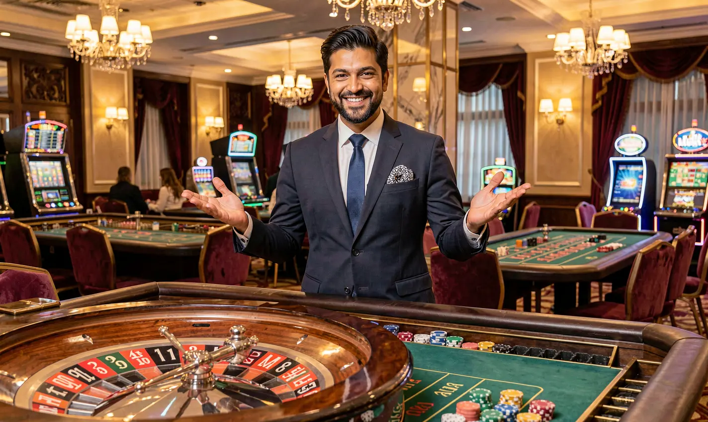 Professional live casino dealer from Bangladesh presenting a roulette table in a luxury casino setting at 74OK Casino