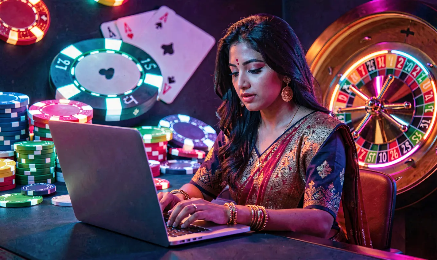 A focused Bangladeshi woman playing online casino games on a laptop surrounded by glowing chips and a roulette wheel at 74OK casino