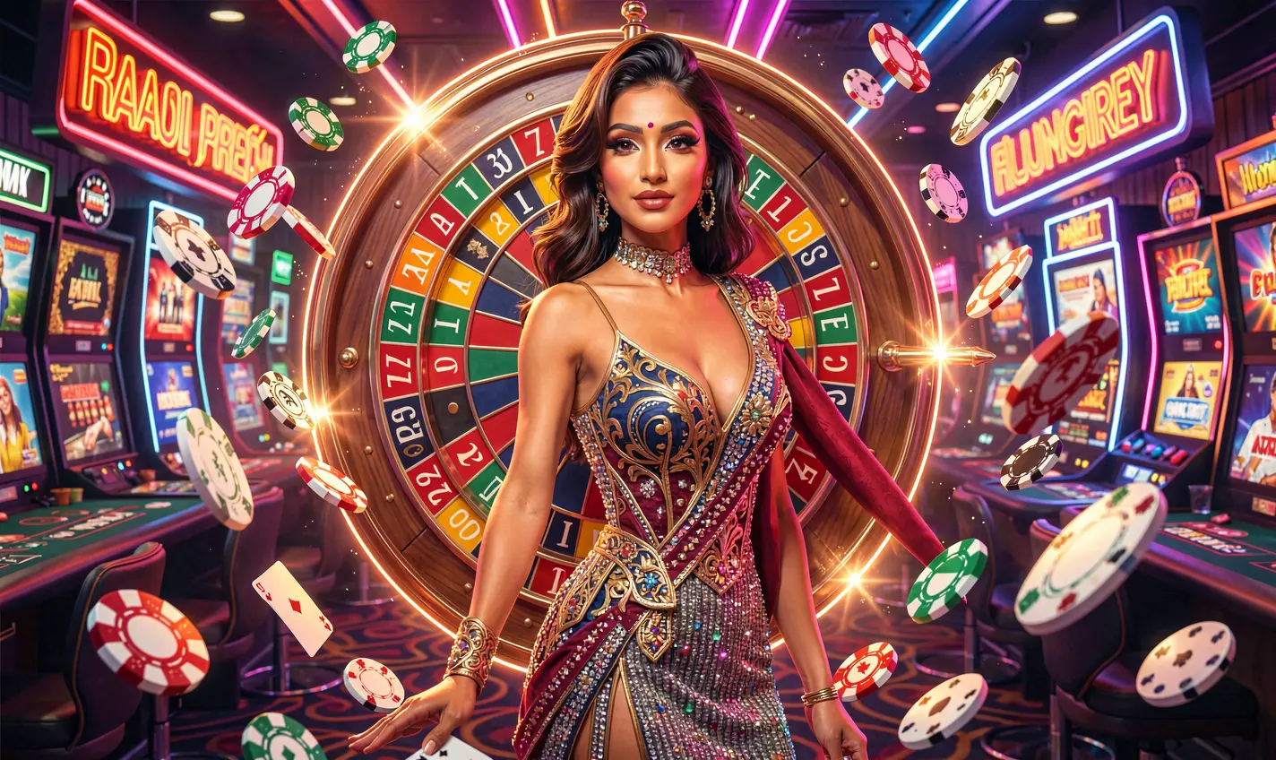 Stylish casino model posing before a modern roulette backdrop with dynamic lighting and casino chips highlighting the thrilling gaming world of 74OK Bangladesh