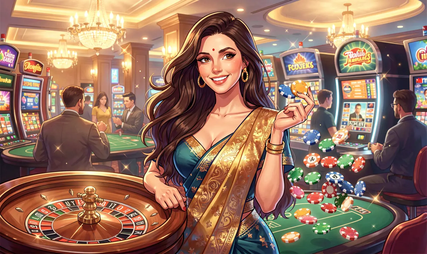 Elegant casino woman holding poker chips with a glowing roulette wheel behind her showcasing the premium gaming atmosphere of 74OK in Bangladesh