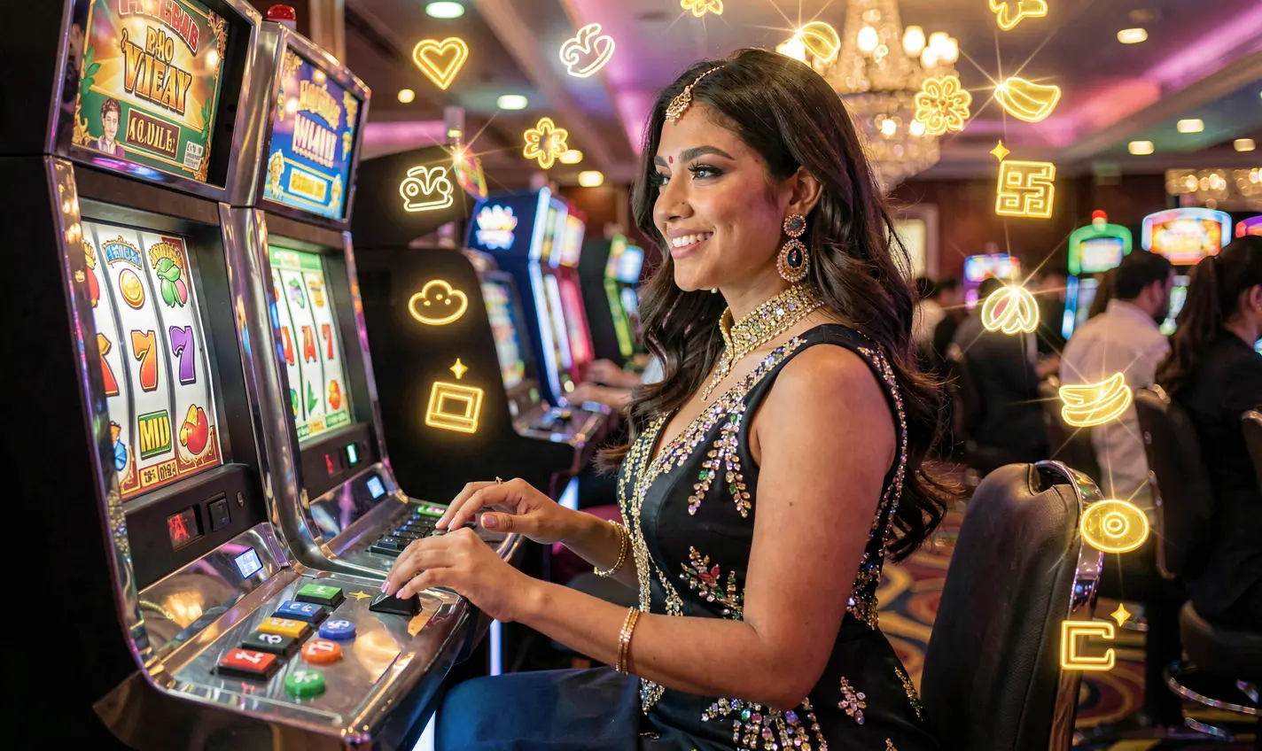 Elegant woman standing in a vibrant casino atmosphere with glowing slot machines and colorful lights representing the exciting slot gaming experience at 74OK for Bangladesh players